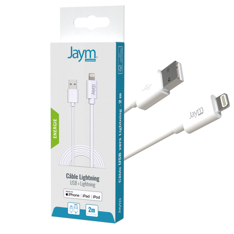 CABLE USB CHARGE SYNCHRO LIGHTNING MFI 2M BLANC JAYM