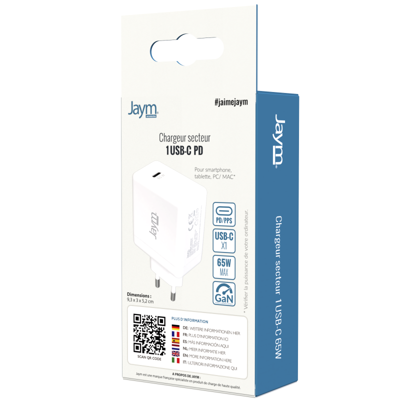 Chargeur Secteur Rapide Usb C Gan W Pd Et Pps Blanc Jaym