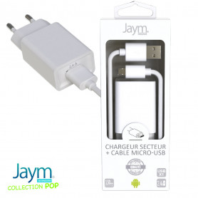 PACK CHARGEUR SECTEUR 1 USB 2.4A + CABLE USB VERS MICRO-USB 1.5M BLANCS - JAYM® COLLECTION POP