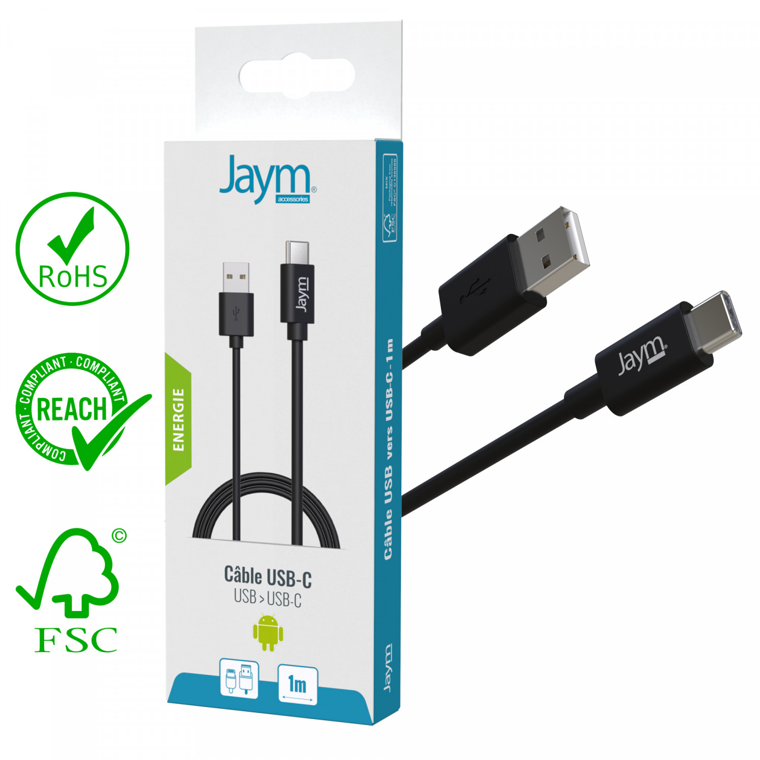 Câble USB noir - type C - 1m - Chargeurs USB - Chargeurs