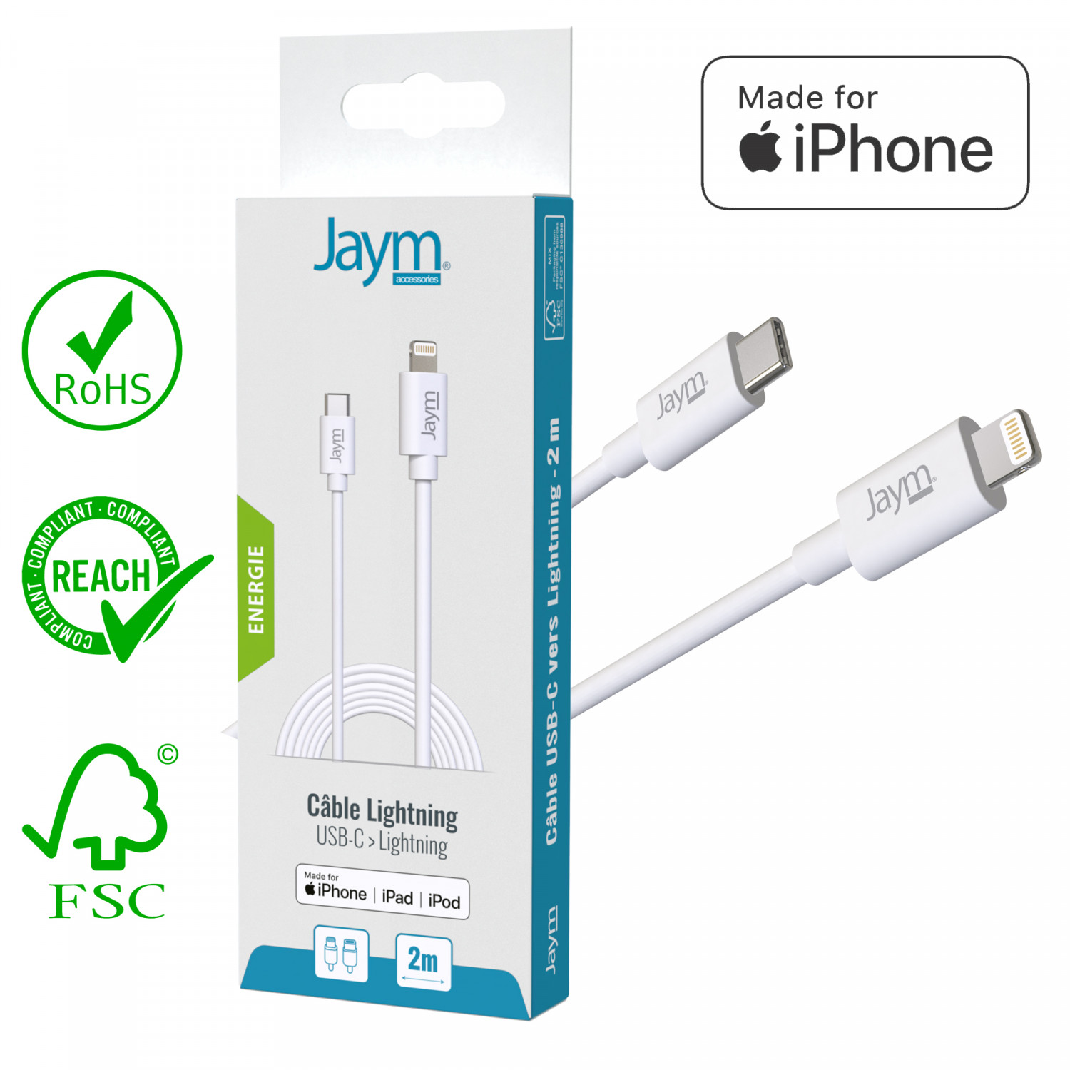 Câble Lightning blanc Apple chargeur iPhone 2m - Câble téléphone