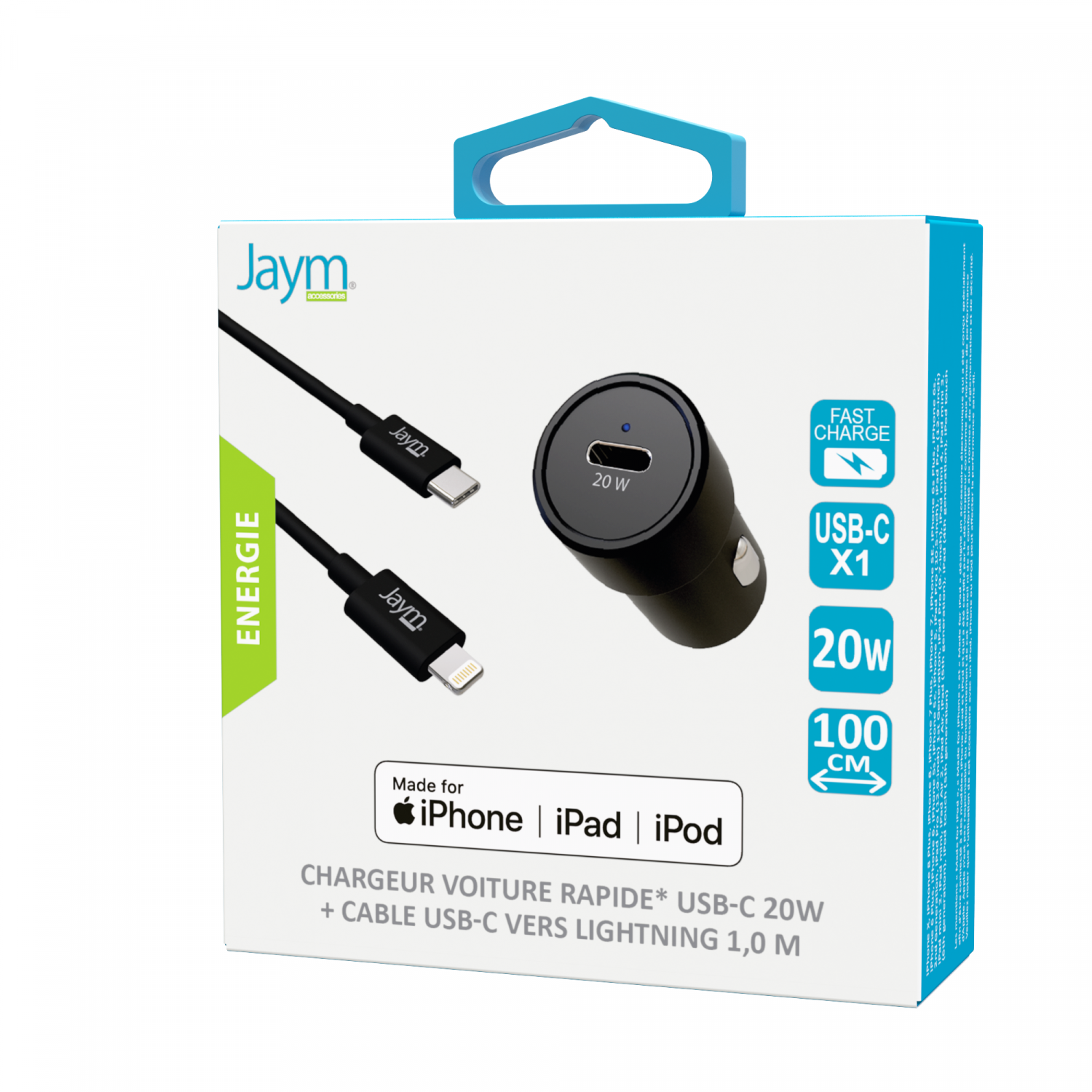 PACK CHARGEUR VOITURE RAPIDE USB-C 20W PD 12/24V + CABLE USB-C VERS  LIGHTNING MFI 1M NOIRS - JAYM®