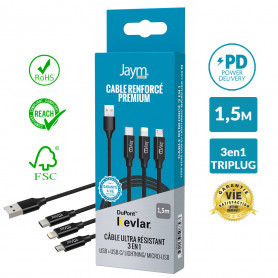 CABLE ULTRA RENFORCÉ TRIPLUG USB VERS LIGHTNING / MICRO-USB / TYPE-C 1,5M - GARANTIE A VIE - JAYM®