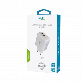 CHARGEUR SECTEUR RAPIDE 12W 2 USB 2,4A BLANC - JAYM®