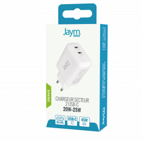 CHARGEUR SECTEUR RAPIDE DOUBLE USB-C 45W PD ET PPS (USB-C PD 20W + USB-C PD 25W) BLANC - JAYM®