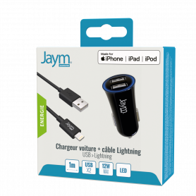 PACK CHARGEUR VOITURE 2 USB 12W 12-24V + CABLE USB VERS LIGHTNING MFI 1M NOIRS - JAYM®