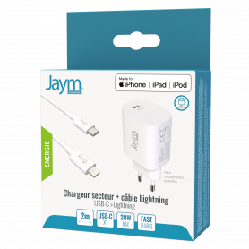 PACK CHARGEUR SECTEUR RAPIDE USB-C 20W PD + CABLE USB-C VERS LIGHTNING MFI 2M BLANCS - JAYM®