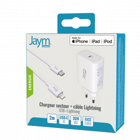 PACK CHARGEUR SECTEUR RAPIDE USB-C 30W PD + CABLE USB-C VERS LIGHTNING MFI 2M BLANCS - JAYM®