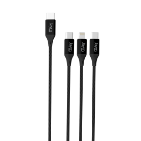 CABLE TRIPLUG 3-EN-1 ULTRA RENFORCÉ USB-C VERS DOUBLE USB-C PD 3.0 (60W) / LIGHTNING PD (27W) - 1,5M - GARANTIE A VIE - JAYM®