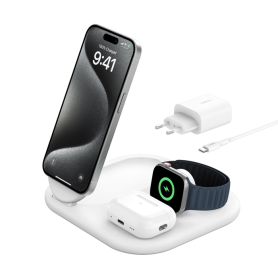 STATION DE RECHARGE RETRACTABLE 3-EN-1 AVEC INDUCTION MAGSAFE Qi2 15W POUR IPHONE / AIRPODS / WATCH - BLANC - BELKIN