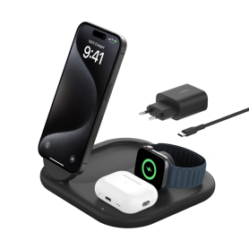 STATION DE RECHARGE RETRACTABLE 3-EN-1 AVEC INDUCTION MAGSAFE Qi2 15W POUR IPHONE / AIRPODS / WATCH - NOIR - BELKIN